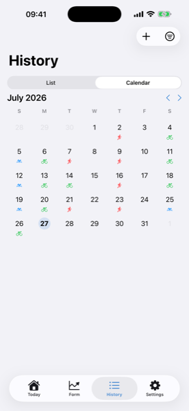 Screenshot of the calendar view: a month grid with a colored sport marker on every training day – cycling green, running red, swimming blue; tap a day for its debrief