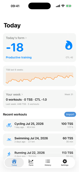 Screenshot of the Today tab: today's form, the TSB curve over recent weeks, a weekly summary with TSS and last-week comparison, and your latest workouts